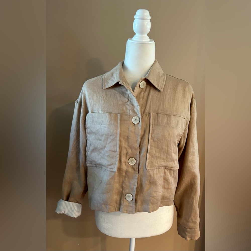 NEW Zara Women's Linen Tan Jacket with Stripe Lining, Size S
